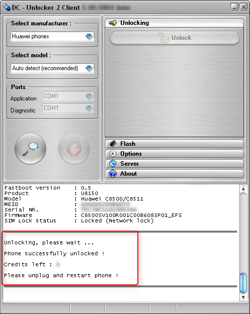 Huawei C8500/C8511 detect and unlock procedure. Successfully unlocked, disconnect and restart phone