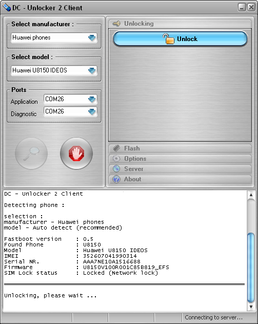 Huawei U8150 detect and unlock procedure. Press unlock