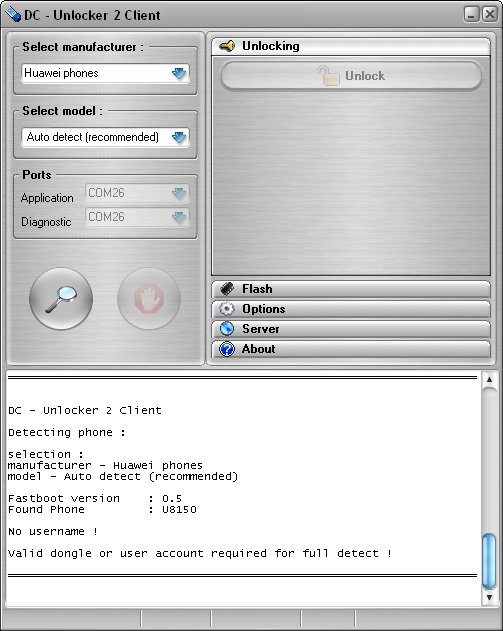 Huawei U8150 detect and unlock procedure. Valid dongle or user acocunt required