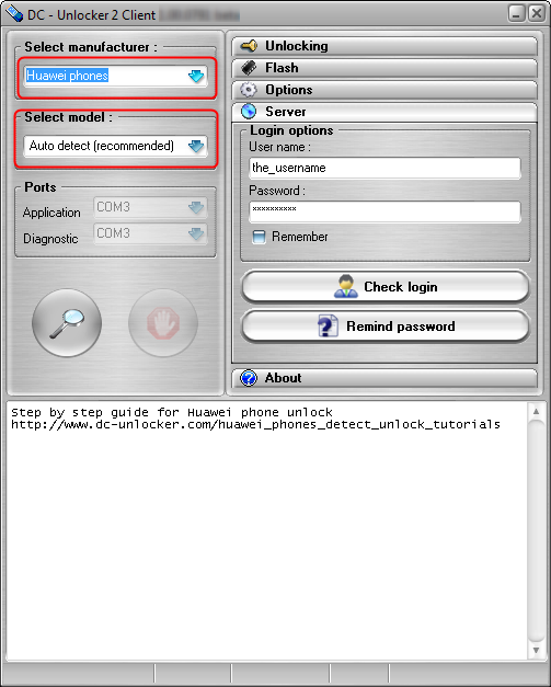 Huawei C8500/C8511 detect and unlock procedure. Select manufacturer and model