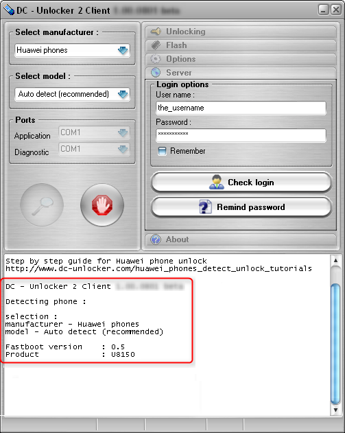 Huawei C8500/C8511 detect and unlock procedure. Press detect button