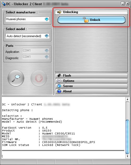 Huawei C8500/C8511 detect and unlock procedure. Press unlock