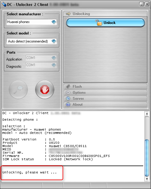 Huawei C8500/C8511 detect and unlock procedure. Please wait