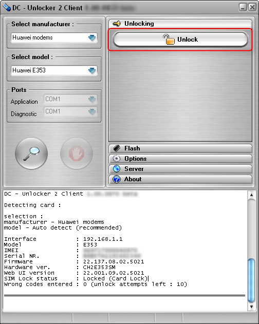 Huawei HiLink detect and unlock tutorial. Press unlock