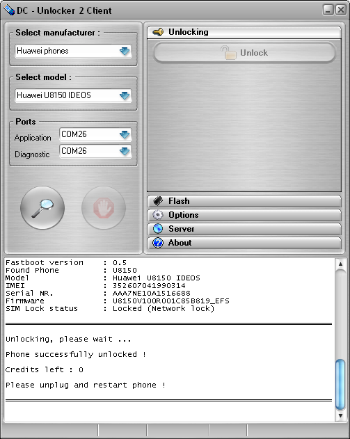 Huawei U8150 detect and unlock procedure. Successfully unlocked, disconnect and restart phone