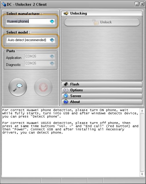 Huawei IDEOS U8150 detect and unlock procedure. Select manufacturer and model