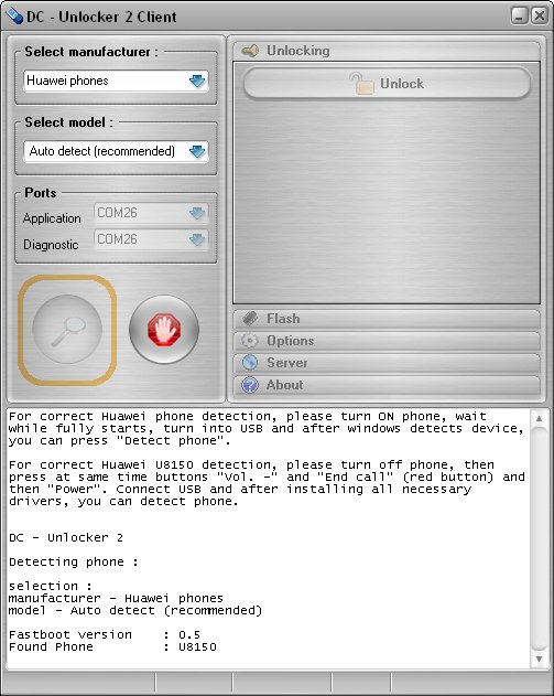Huawei IDEOS U8150 detect and unlock procedure. Press detect button