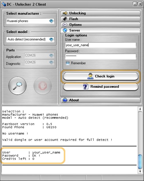 Huawei IDEOS U8150 detect and unlock procedure. Press check login