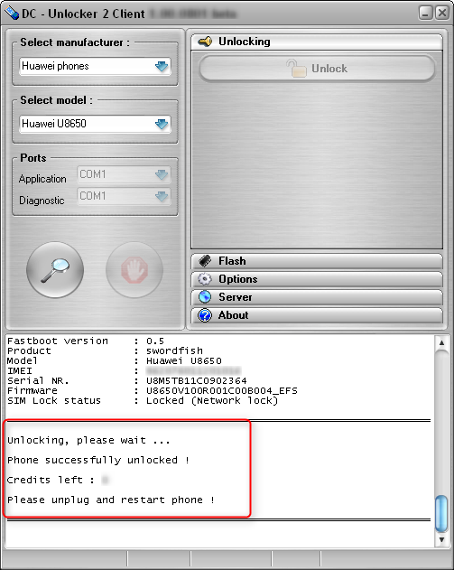 Huawei U8650 detect and unlock procedure. Successfully unlocked, disconnect and restart phone
