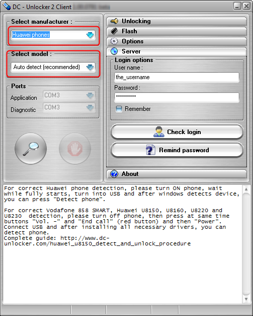 Huawei U8650 detect and unlock procedure. Select manufacturer and model