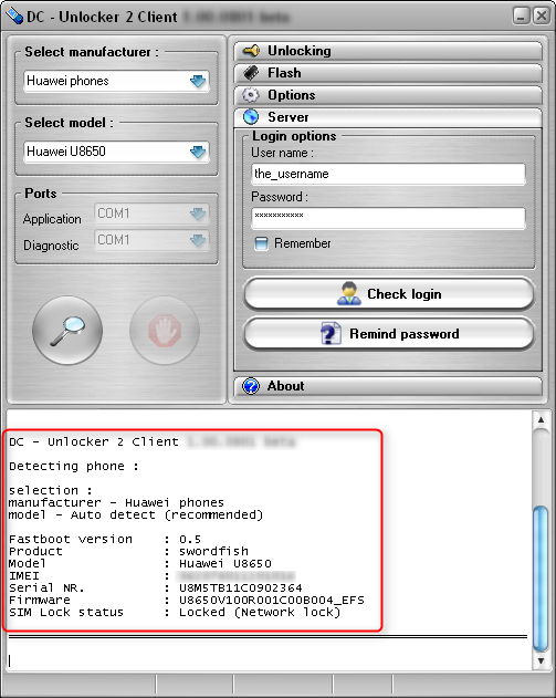 Huawei U8650 detect and unlock procedure. Fully detect.