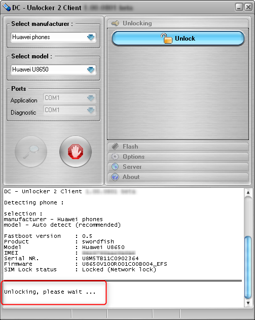 Huawei U8650 detect and unlock procedure. Please wait