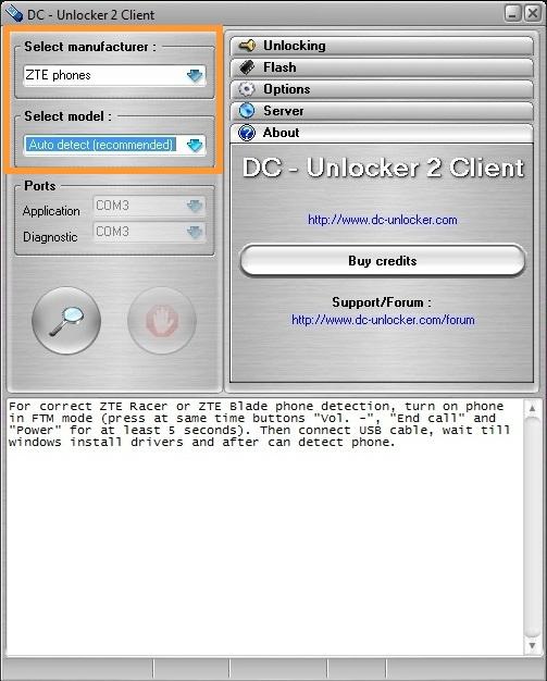 ZTE Racer, Blade detect and unlock procedure. Select manufacturer and model