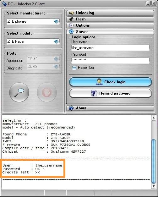 ZTE Racer, Blade detect and unlock procedure. Press check login