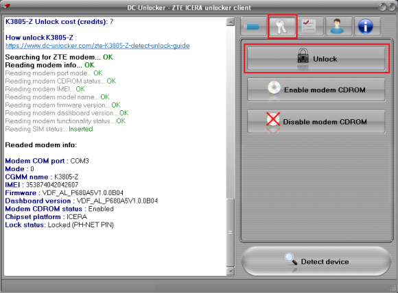 ZTE K3805-Z detect and unlock guide